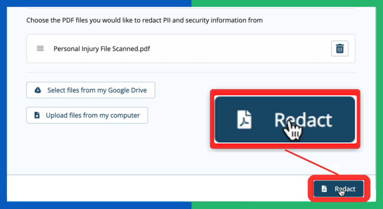 The Redact button at the bottom right of PDF Redact, magnified