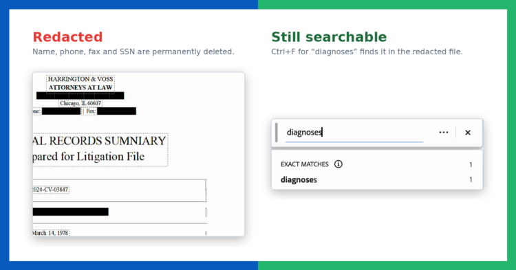 The redacted PDF beside a search for diagnoses that finds one match in the same file