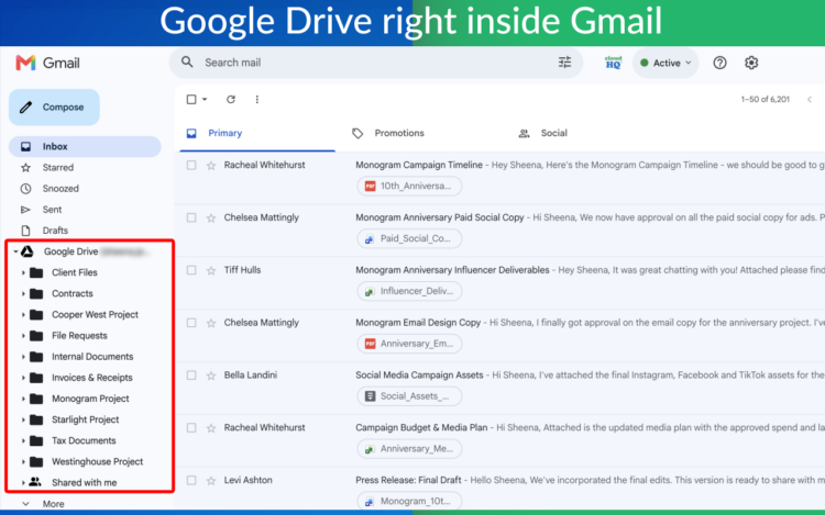 Gmail inbox with a new Google Drive section in the left sidebar, listing Google Drive folders beneath the Gmail labels