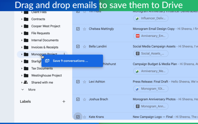 Several checked emails in a Gmail inbox being dragged onto the Invoices and Receipts folder in the Google Drive section of the sidebar