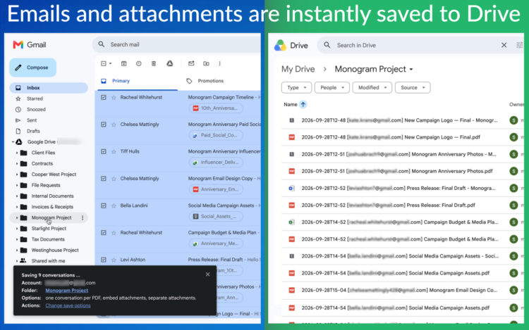 Side-by-side view of a Gmail inbox and a Google Drive folder, with the dragged emails appearing as files in the Drive folder
