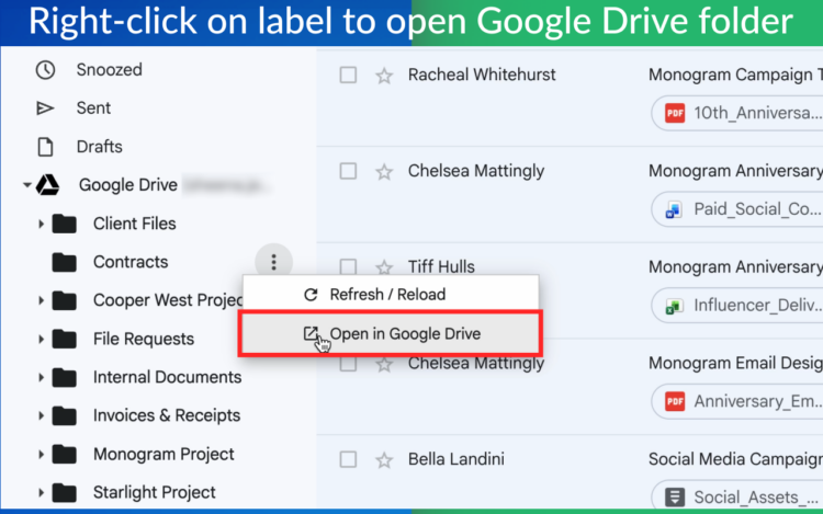 Right-click menu on a Google Drive folder in the Gmail sidebar, with the option to open that folder in Google Drive